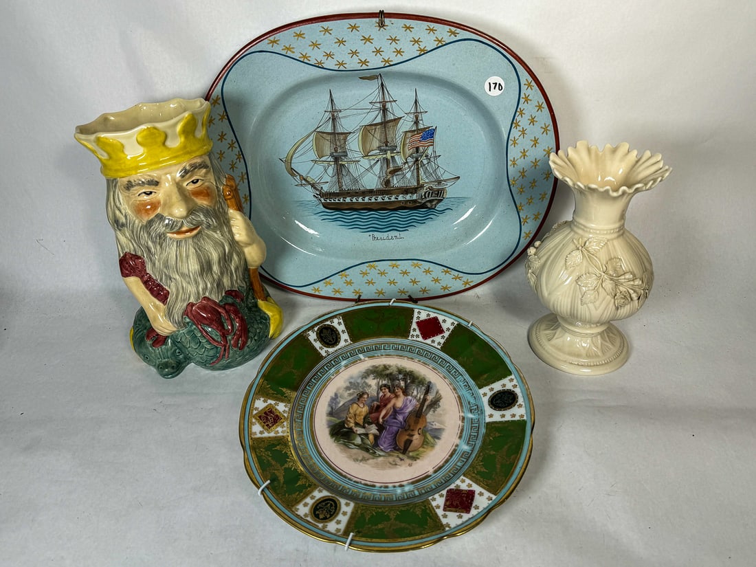 A MOTTAHEDEH BICENTENNIAL PLATTER WITH MAYFLOWER, ROYAL VIENNA HP PLATE, GREEN MARK LALIQUE VASE, (1 of 7)