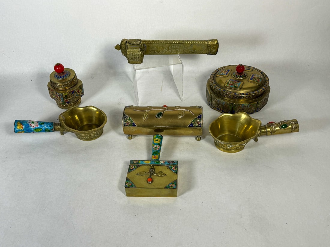 A PERSIAN BRASS WATERCOLOR BOX AND SIX PIECES BRASS WITH CLOISSONE 9" AND SMALLER: A PERSIAN BRASS WATERCOLOR BOX AND SIX PIECES BRASS WITH CLOISSONE 9" AND SMALLER