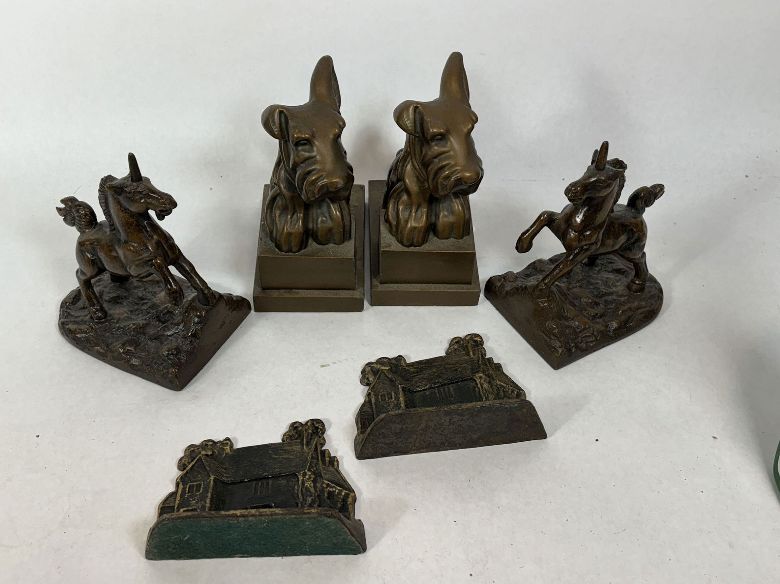 3 PAIRS ANTIQUE BOOKENDS, SCOYY DOGS, UNICORNS, COTTAGES. 8" AND SMALLER (1 of 4)