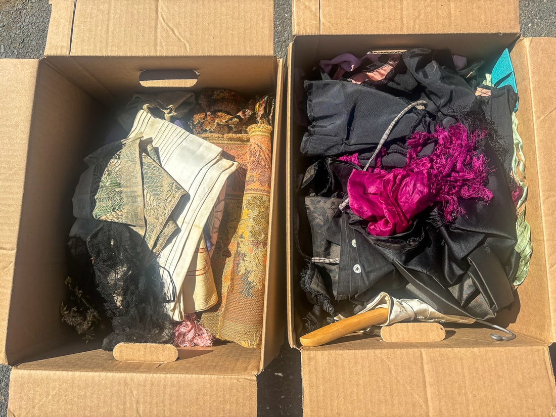 2 BOXES VICTORIAN LINEN AND CLOTHES: 2 BOXES VICTORIAN LINEN AND CLOTHES