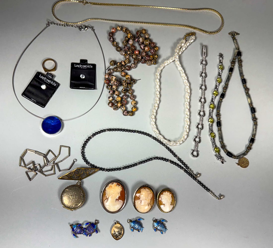 JEWELRY LOT INCLUDES 3 CAMEOS, 4 ENAMELED FISH, AND MORE, 2" AND SMALLER (1 of 7)