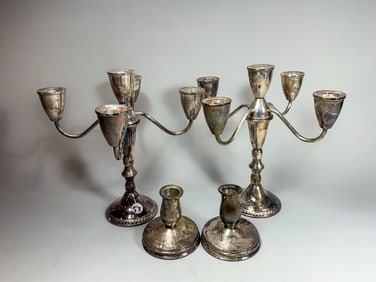 A PAIR OF STERLING SILVER CANDELABRA, 10" DIAMETER X 10" TALL