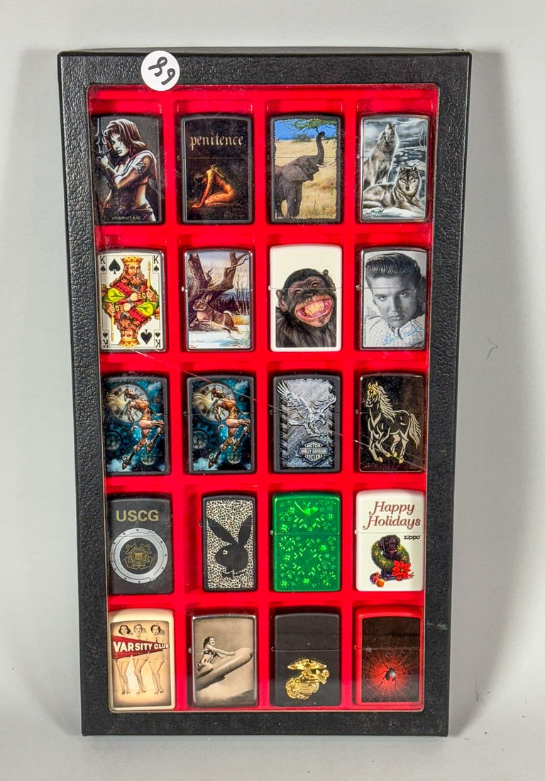 20 NEW OLD STOCK ZIPPO LIGHTERS IN DISPLAY CASE, 8" X 1.25" X 14.5" CASE (1 of 3)