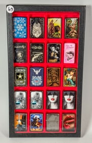 20 NEW OLD STOCK ZIPPO LIGHTERS IN DISPLAY CASE, 8" X 1.25" X 14.5" CASE