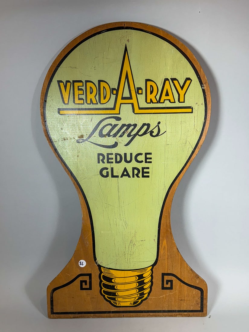 1950S VERD-A-RAY LAMPS PAINTED WOOD SIGN, 29" X 16.5": 1950S VERD-A-RAY LAMPS PAINTED WOOD SIGN, 29" X 16.5"