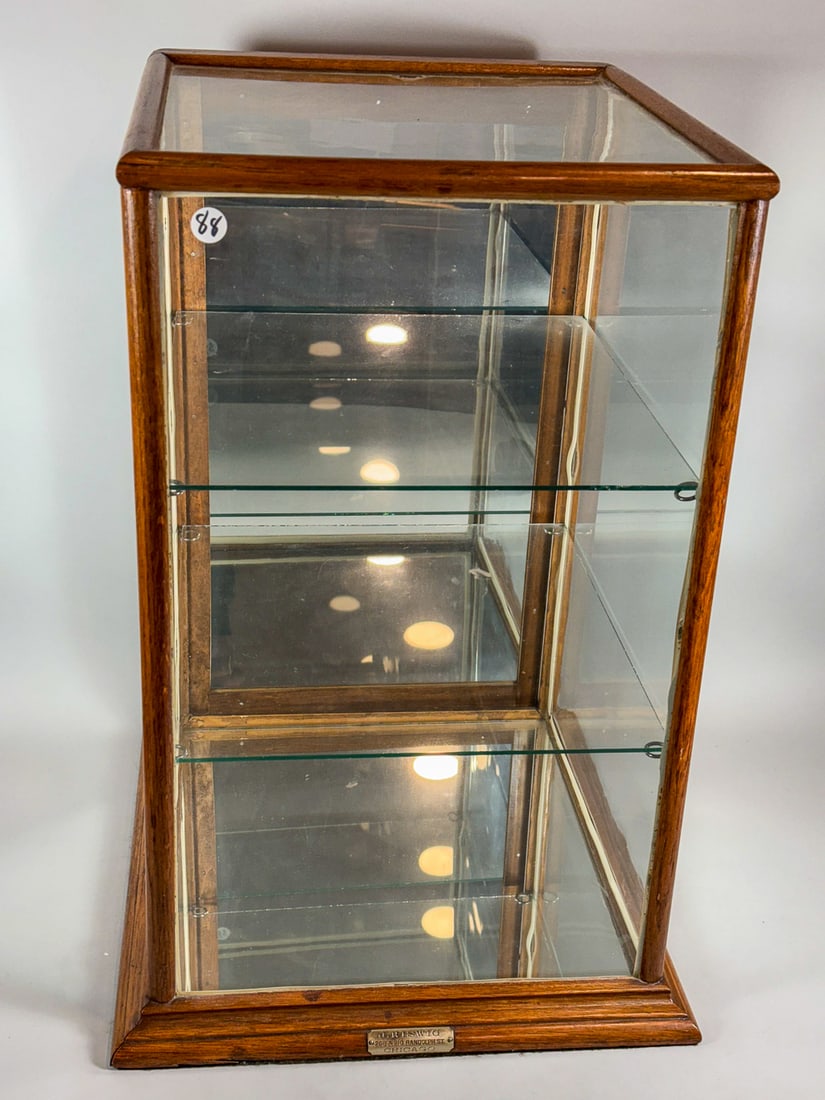 OAK TABLETOP DISPLAY CASE,J. RISWIG 208 AND 210 RANDOLPH STREET, CHICAGO 14.5" X 15.5" X 24" (1 of 4)