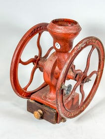 19TH CENTURY COLES PENNSYLVANIA 2 WHEEL COFFEE GRINDER, 7" X 10" X 12"