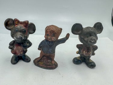 1930S MICKEY MOUSE, MINNIE MOUSE, AND PORKY PIG PAPERWEIGHTS, 3" EACH