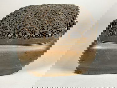 A LARGE CHINESE BRONZE INCENSE BURNER/HAND WARMER, 16" X 9" X 9"