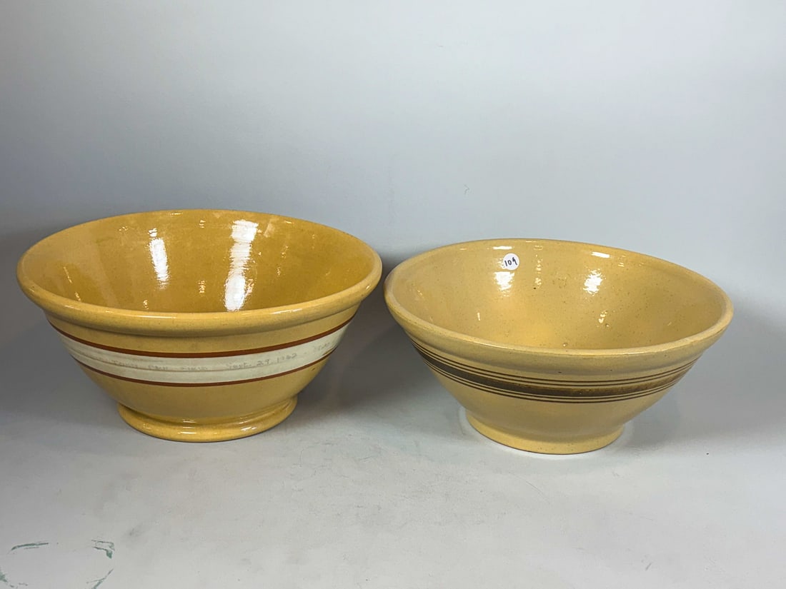 TWO LARGE BANDED 19TH CENTURY YELLOWARE MIXING BOWLS, 14" X 6.5" EACH: TWO LARGE BANDED 19TH CENTURY YELLOWARE MIXING BOWLS, 14" X 6.5" EACH