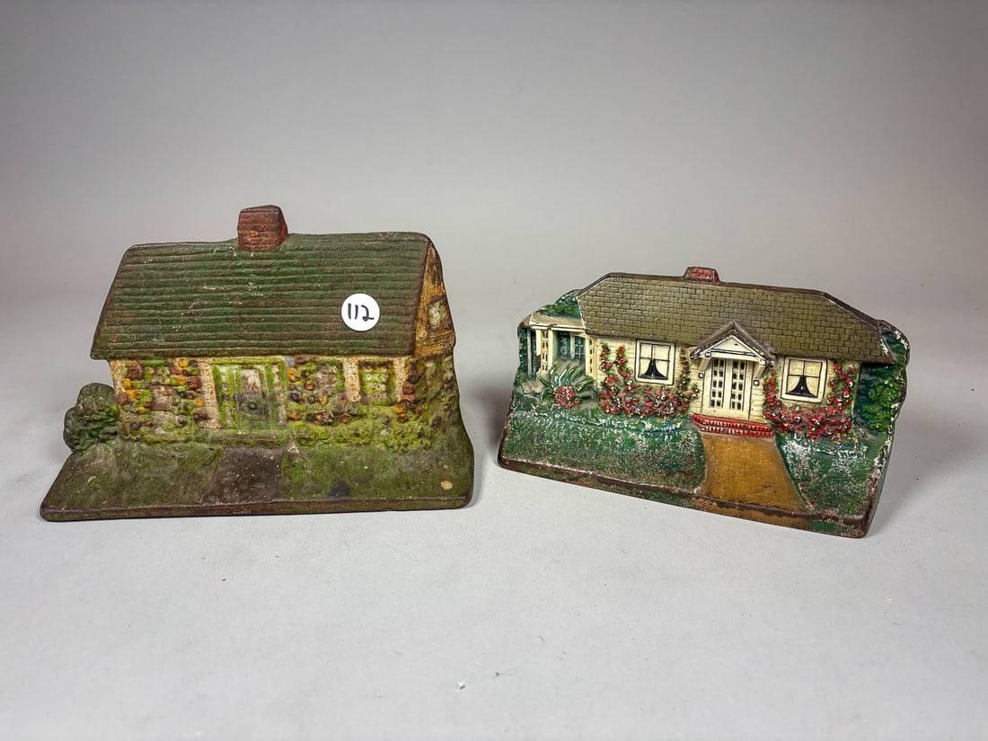 2 ANTIQUE COTTAGE DOORSTOPS, 8.5" X 2" X 6" AND 8" X 2.5" X 4.5": 2 ANTIQUE COTTAGE DOORSTOPS, 8.5" X 2" X 6" AND 8" X 2.5" X 4.5"