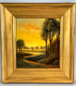 DAVID GLOMAN? OIL ON BOARD LANDSCAPE LABELED WAY BACK GALLERY, 14.75" X 13.5" FRAMED AND 7.5" X 8"