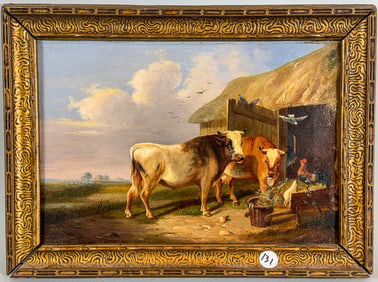 CHARLES BURDICK "COWS AND CHICKENS" 15" X 11" FRAMED AND 12" X 8.5" SIGHT