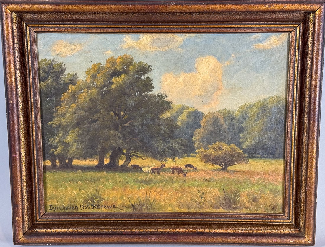 K DREWS "DYREHAVEN", 1935 OIL ON CANVAS IN PERIOD FRAME. 19.5" X 15.5" FRAMED AN 15" X 11.5" SIGHT (1 of 4)