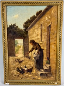 B. MOLLEL OIL ON CANVAS PAINTING OF A WOMAN FEEDING CHICKENS, 14" X 19.5" FRAMED AND 11" X 17.5"