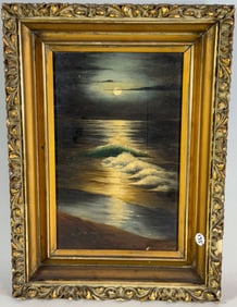 DONA DELL OIL ON BOARD MOONLIT SEASCAPE IN PERIOD FRAME, 12.5" X 17" FRAMED AND 7.5" X 12" SIGHT