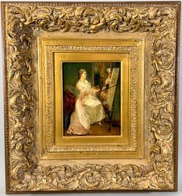 UNSIGNED OIL ON BOARD OF A WOMAN PAINTING, 21.5" X 25" FRAMED AND 7" X 9" SIGHT