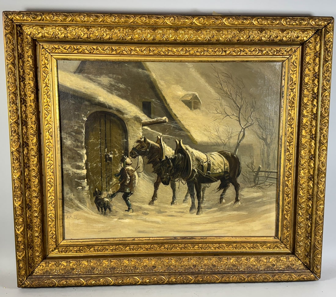VICTORIAN OIL PAINTING OF A WINTER SCENE SIGNED J.J. '95 IN PERIOD FRAME. 31" X 37.5" FRAMED AND 21" (1 of 8)