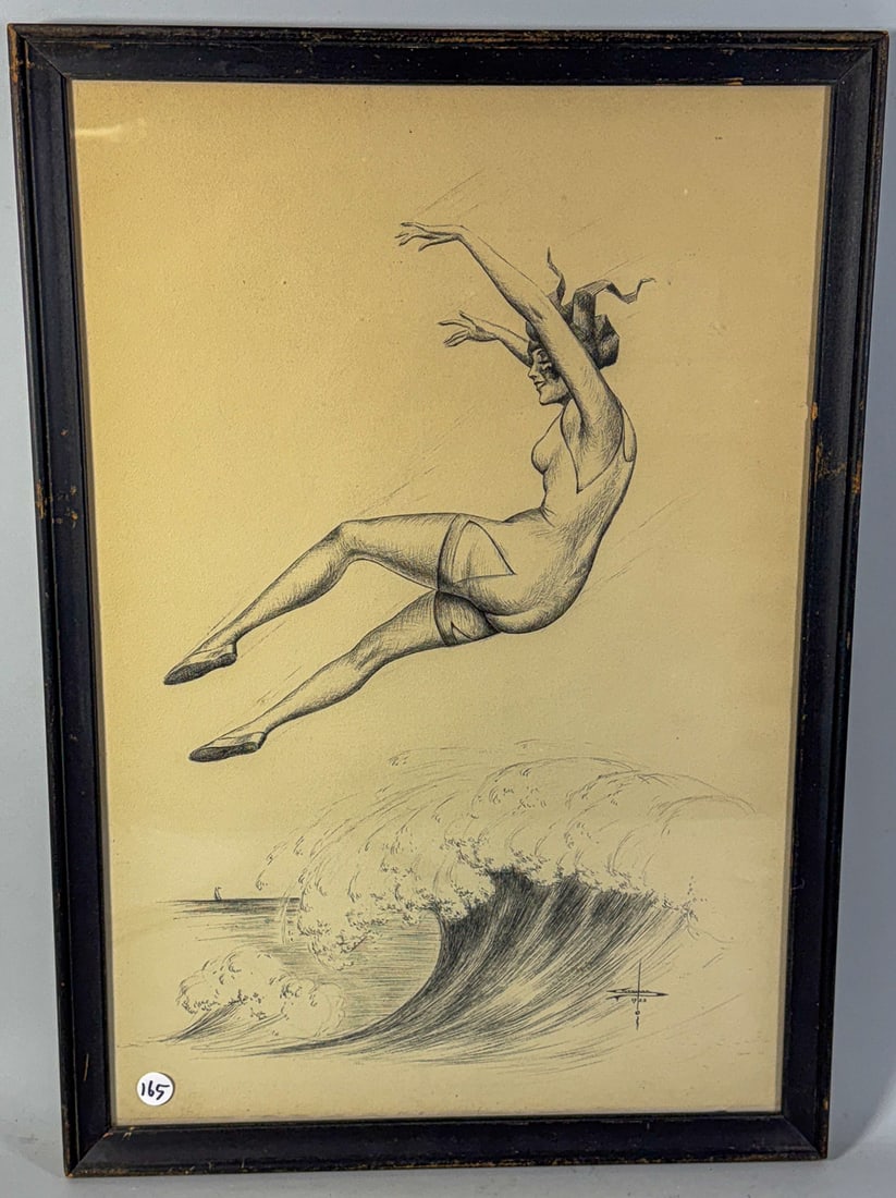 1923 PIN UP ARTIST DRAWING OF A WOMAN FALLING IN THE OCEAN, SIGNED AND MONOGRAMMED: 1923 PIN UP ARTIST DRAWING OF A WOMAN FALLING IN THE OCEAN, SIGNED AND MONOGRAMMED, 15" X 23.5"