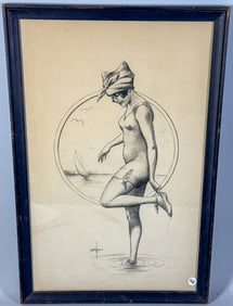 A 1923 PIN UP DRAWING OF A BATHING BEAUTY, SIGNED AND MONOGRAMMED