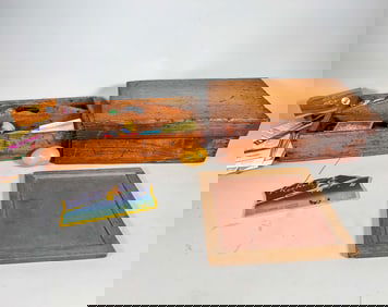 ANTIQUE  SEWING ITEMS, KNIFE BOXES, AND A  RED SLATE WRITING BOARD, 14" X 9" AND SMALLER