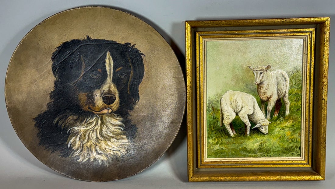 A DOG PAINTING AND A SHEEP PAINTING, 14" DIAMETER AND 13" X 11" RESPECTABLY: A DOG PAINTING AND A SHEEP PAINTING, 14" DIAMETER AND 13" X 11" RESPECTABLY