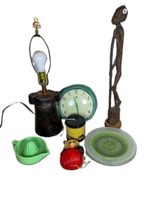 ANTIQUE ITEMS INCLUDES STRING HOLDERS, JADEITE, SUNKIST JUICER, LAMP, AFRICAN SCUPLTURE, ETC. 25"