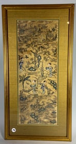 18TH CENTURY FRAMED CHINESE EMBROIDERY, 12" X 24" FRAMED AND 7" X 19" SIGHT