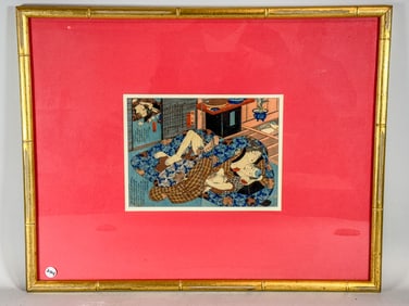 UTAGAWA KUNISADA - SHUNGA PRINT-NIPPLE SUCKING-FATIGUED MAN COLOR WOODBLOCK PRINT. 7.5" X 10"