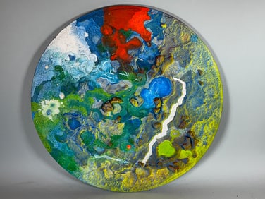 JAMES POWELL HENDRICKS, "PRIMORDIAL" MIXED MEDIA ON CANVAS 1970. 18" D. PROVENANCE:THE GRILLO