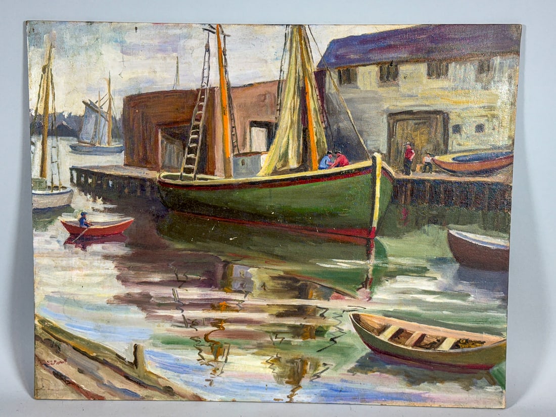 S.L. MORRELL , BOATS/HARBOR LANDSCAPE, OIL ON BOARD, 16" X 20" PROVENANCE:THE GRILLO REVOCABLE TRUST: S.L. MORRELL , BOATS/HARBOR LANDSCAPE, OIL ON BOARD, 16" X 20" PROVENANCE:THE ESTATE OF JOHN GRILLO