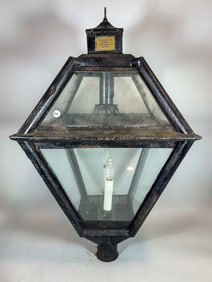LARGE ANTIQUE GAS TUBULAR STREET LAMP CONVERTED TO ELECTRIC, 18" X 18" X 34"