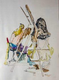 WATERCOLOR OF ARTIST PAINTING NUDE, UNSIGNED. Mid 20TH CENTURY 27" X 22"