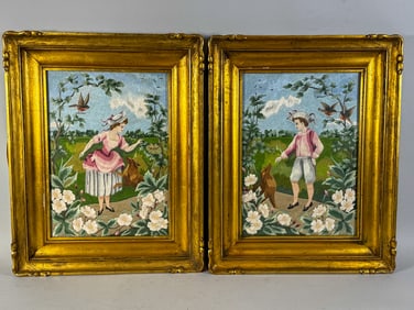 2 VICTORIAN NEEDLEPOINTS IN LEMON GOLD FRAMES, 15.5" X 19.5" FRAMED AND 13.5" X 9.5" SIGHT