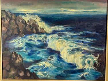 FREDERICK BLAKESLEE OIL ON CANVAS COASTAL SEASCAPE, 26" X 21" FRAMED AND 21" X 16.5" SIGHT