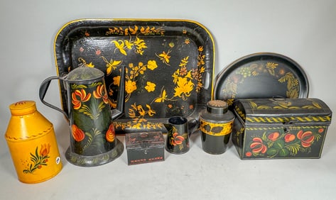 8 PIECES PAINTED TOLEWARE, 18" X 12" AND SMALLER