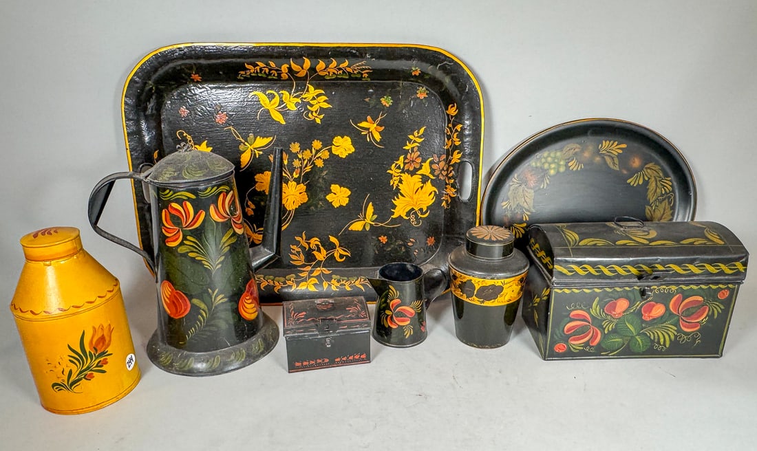 8 PIECES PAINTED TOLEWARE, 18" X 12" AND SMALLER (1 of 4)