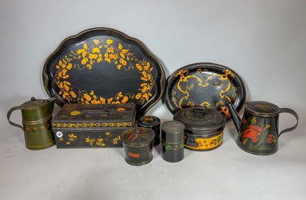 8 PIECES PAINTED TOLEWARE, 18" X 12" AND SMALLER