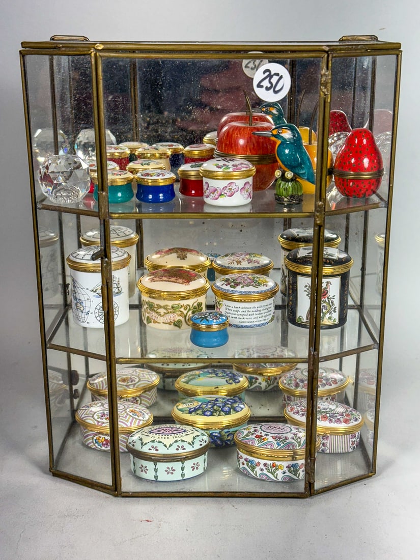 DISPLAY CASE W/ HALCYON DAYS ENAMELED BOXES, 8" X 5" X 10" CASE AND 3" X 2" AND SMALLER BOXES (1 of 8)