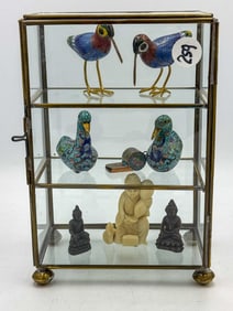 SMALL GLASS CASE W/ MINIATURE CHINESE COLLECTIBLES, 5" X 3" X 7.5"