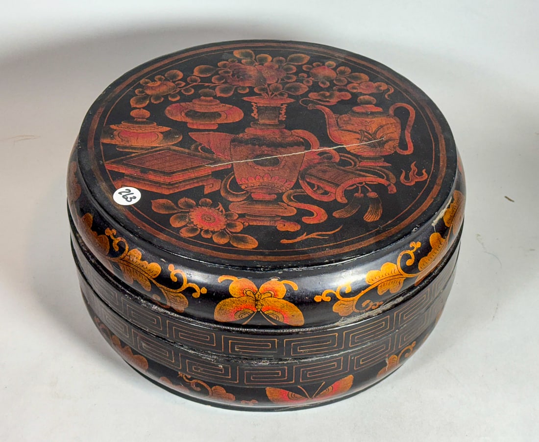 A CHINESE LACQUERED SEWING BOX W/ MINI SEWING MACHINE AND THREAD CASE, 12" DIAMETER X 7" TALL (1 of 6)