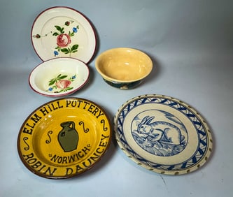 3 ANTIQUE CHARGERS AND A LARGE BOWL, 13" DIAMETER AND SMALLER