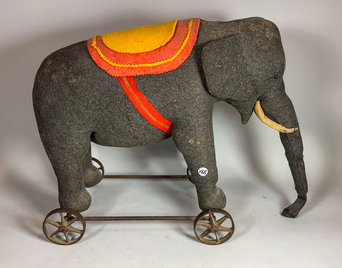 19TH CENTURY FELT RIDE ON ELEPHANT TOY, 22" X 17" X 9" (1 of 6)