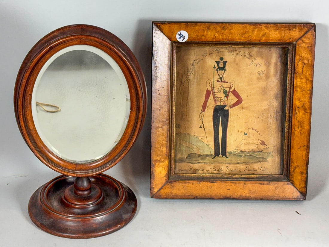 SMALL WATERCOLOR OF A SOLDIER W/ WALNUT DRESSER AND MIRROR, 10" X 12" AND 14" X 8" (1 of 9)