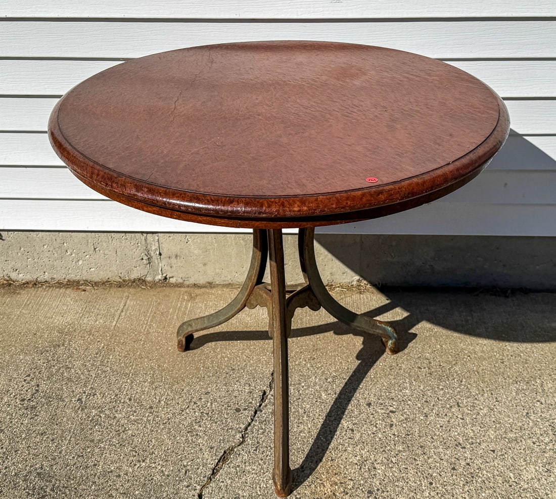 BURLED WALNUT CAFÉ TABLE W/ CAST IRON BASE, 37" DIAMETER X 30" TALL (1 of 8)