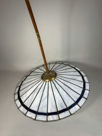 MIDCENTURY MODERN STAINED GLASS CEILING FIXTURE, 24" DIAMETER X 5" TALL. 36" HANGER