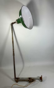ANTIQUE 1920S SWIVELING SHOP LAMP, 14" DIAMETER LIGHT, 48" LONG X 14" TALL