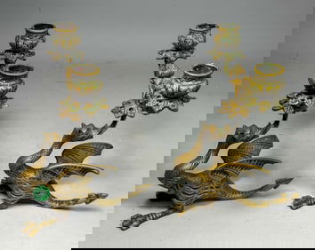 A PAIR OF BRONZE GRIFFIN FORM CANDELABRA, 7.5" X 7.5" X 8.5"