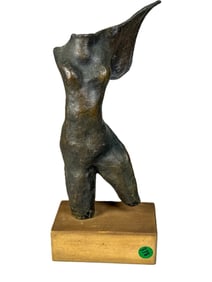 MID CENTURY MODERN BRONZE SCULPTURE OF A FEMALE TORSO , SIGNATURE ILLEGIBLE. 11" X 5" X 3"
