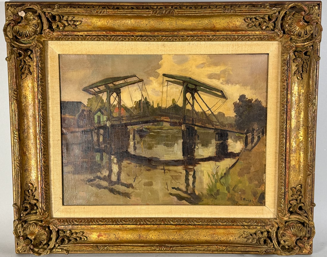 EARLY 20TH CENTURY IMPRESSIONIST PAINTING OF A BRIDGE SIGNED F. HAISI?, 23" X 19" FRAMED AND 16" X: EARLY 20TH CENTURY IMPRESSIONIST PAINTING OF A BRIDGE SIGNED F. HAISI?, 23" X 19" FRAMED AND 16" X 12" SIGHT